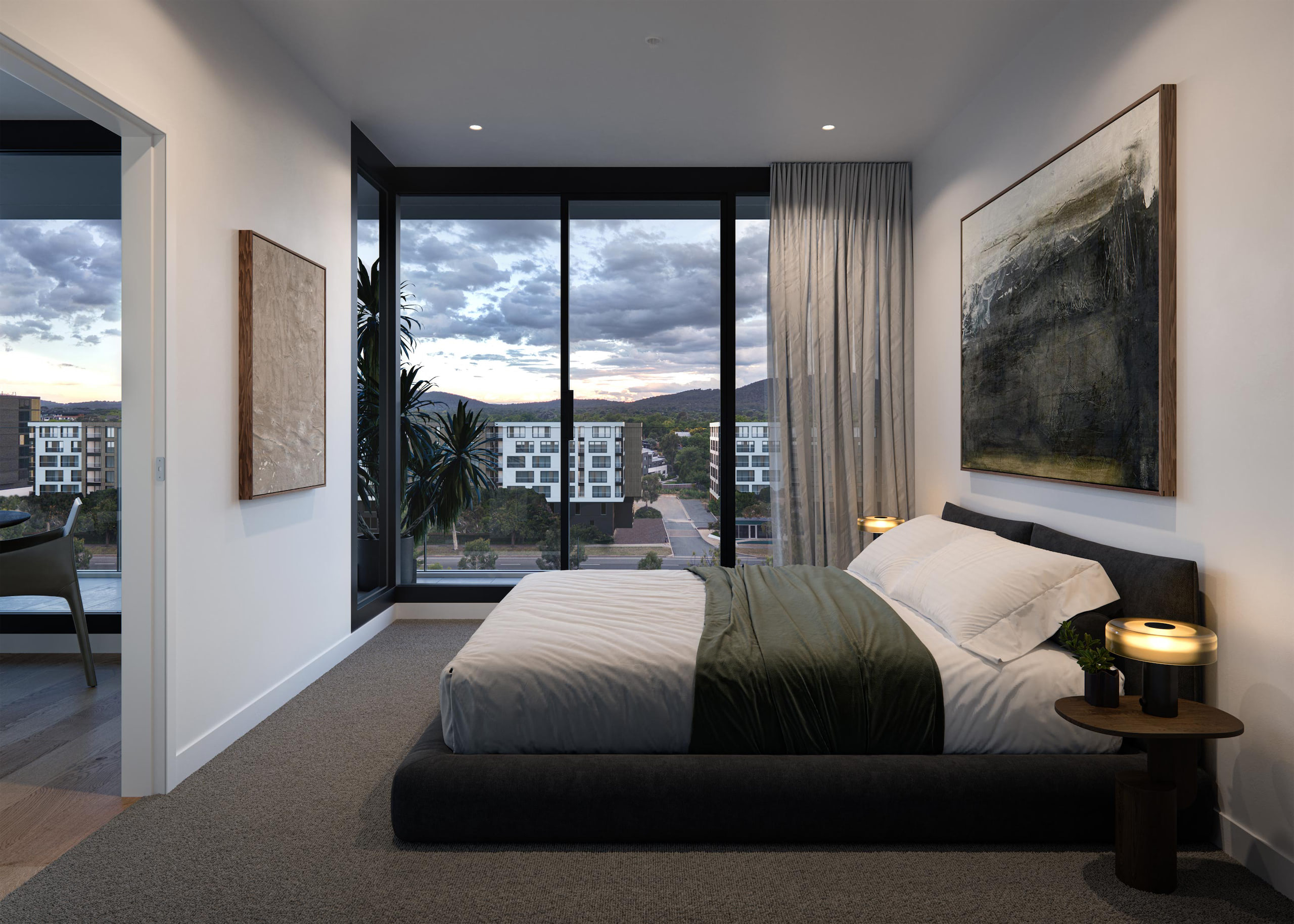 Internal bedroom render showcasing De Burgh apartments for first home buyers in Canberra